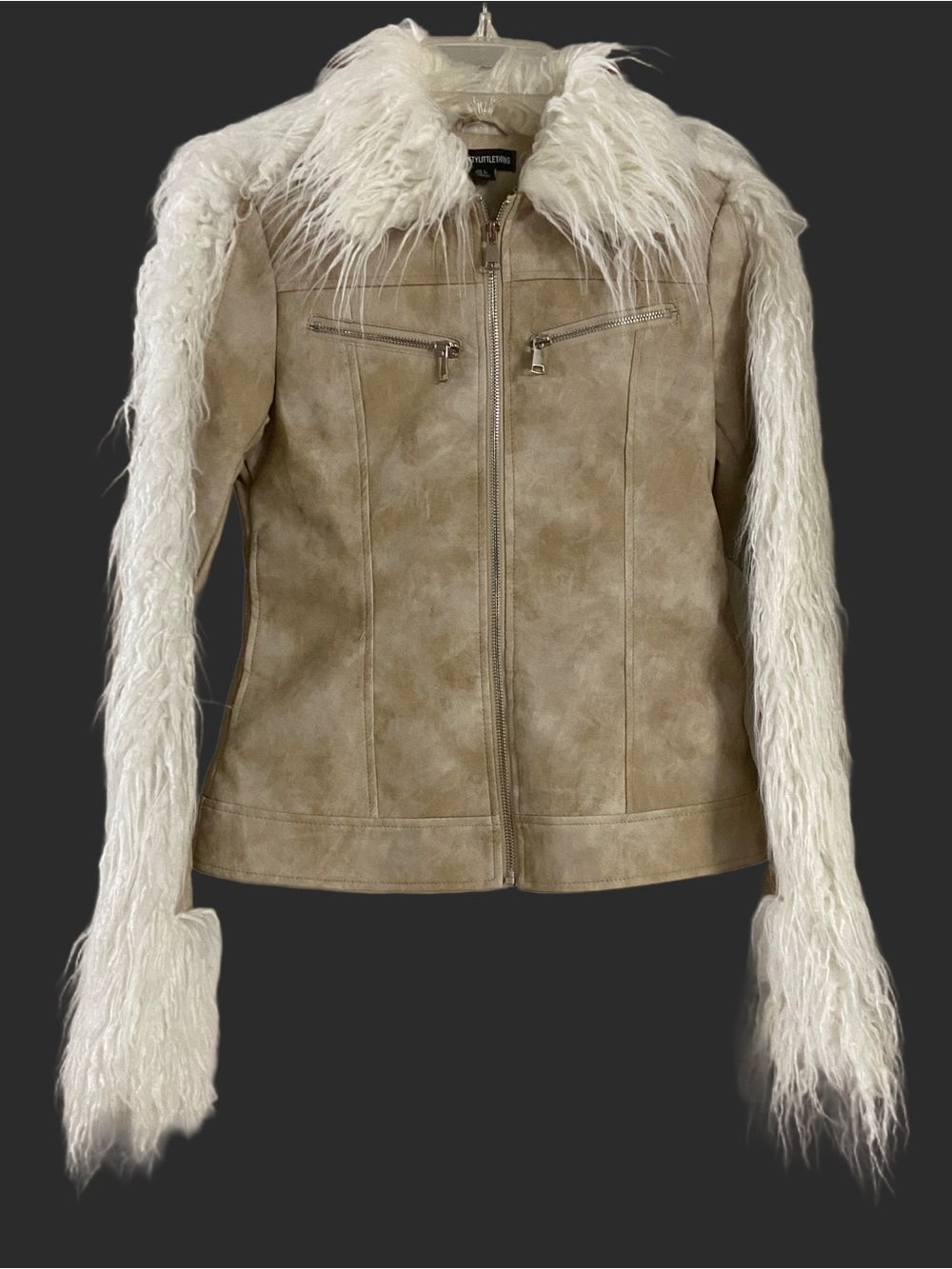 Pretty Little Thing “Penny Lane” Inspired Tan Faux Suede Jacket / Faux Fur Trim